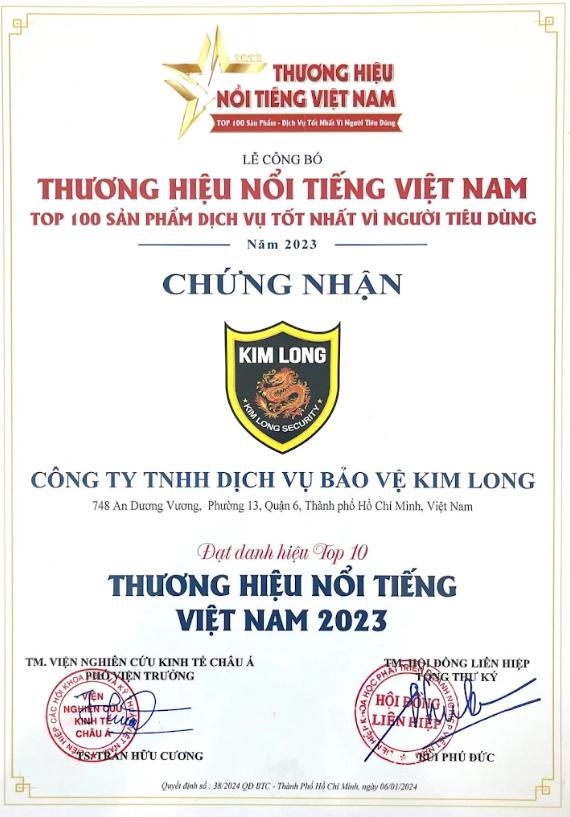 Ngoài ra, Bảo vệ Kim Long còn được chứng nhận là thương hiệu nổi tiếng